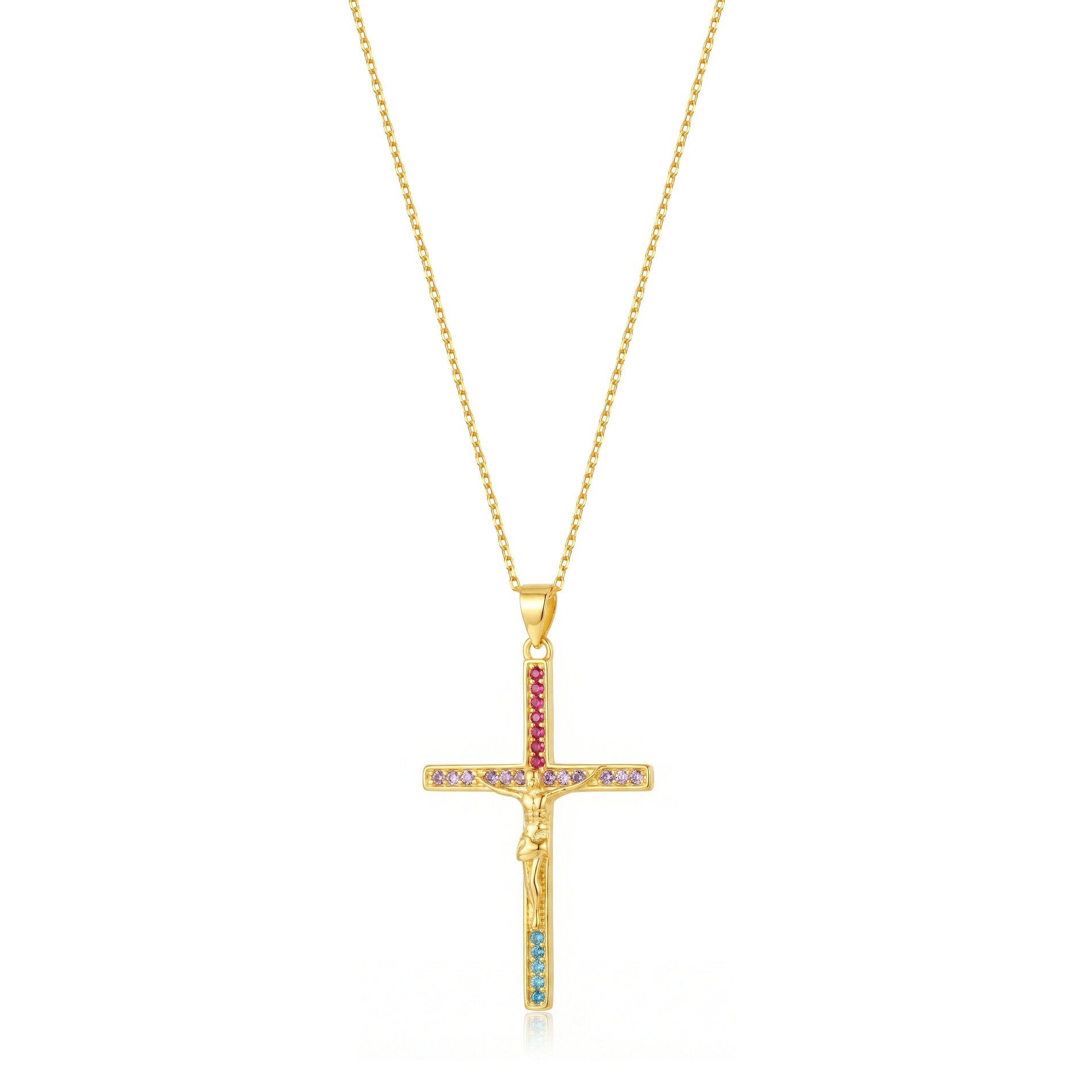 Collar cruz con Cristo y circonitas multicolor