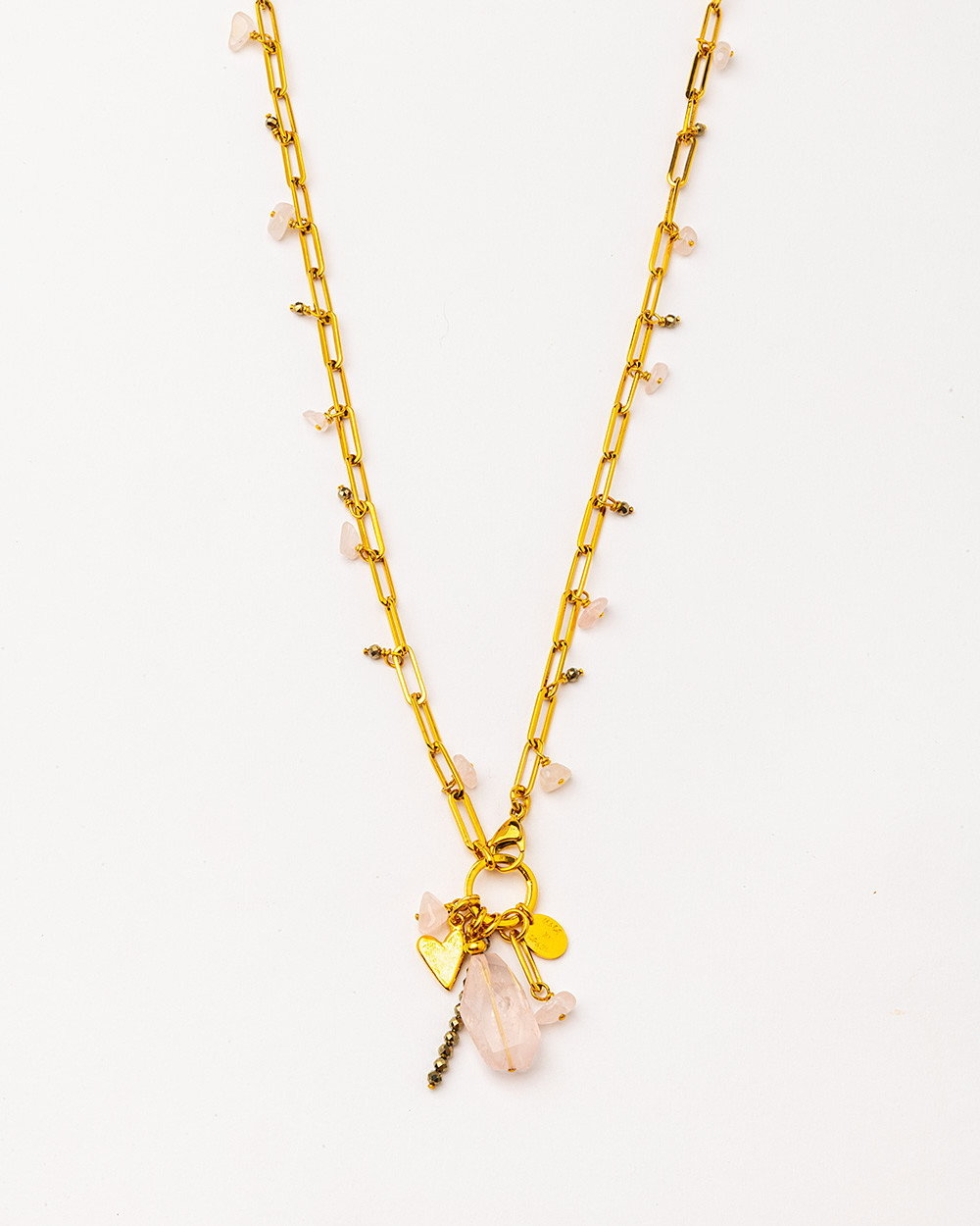 Collar largo con cuarzo rosa y pirita